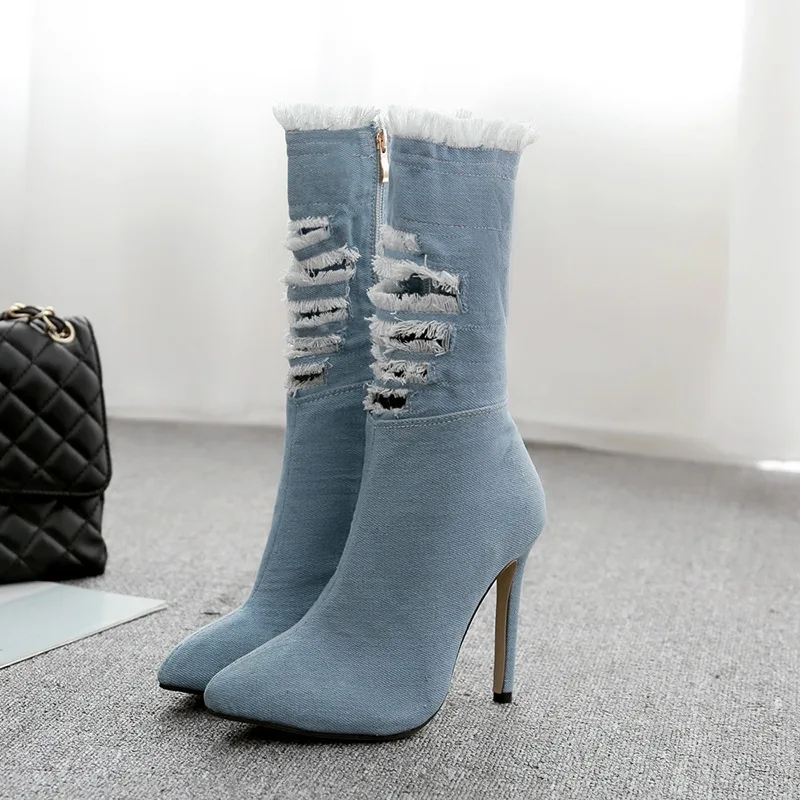 2019 Brand New American Style Women Shoes Winter Boots Mid-Calf Denim High (5cm-8cm) Pointed Toe Heels Zip | Обувь