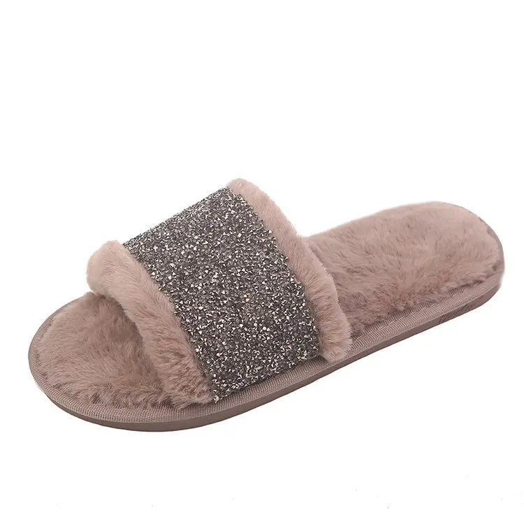 

Women Indoor Fur Sandals Rhinestone Fluffy Slides Eva Flats Sole Open Toe House Sexy Luxury Shoes Zapatos De Mujer Sandalias
