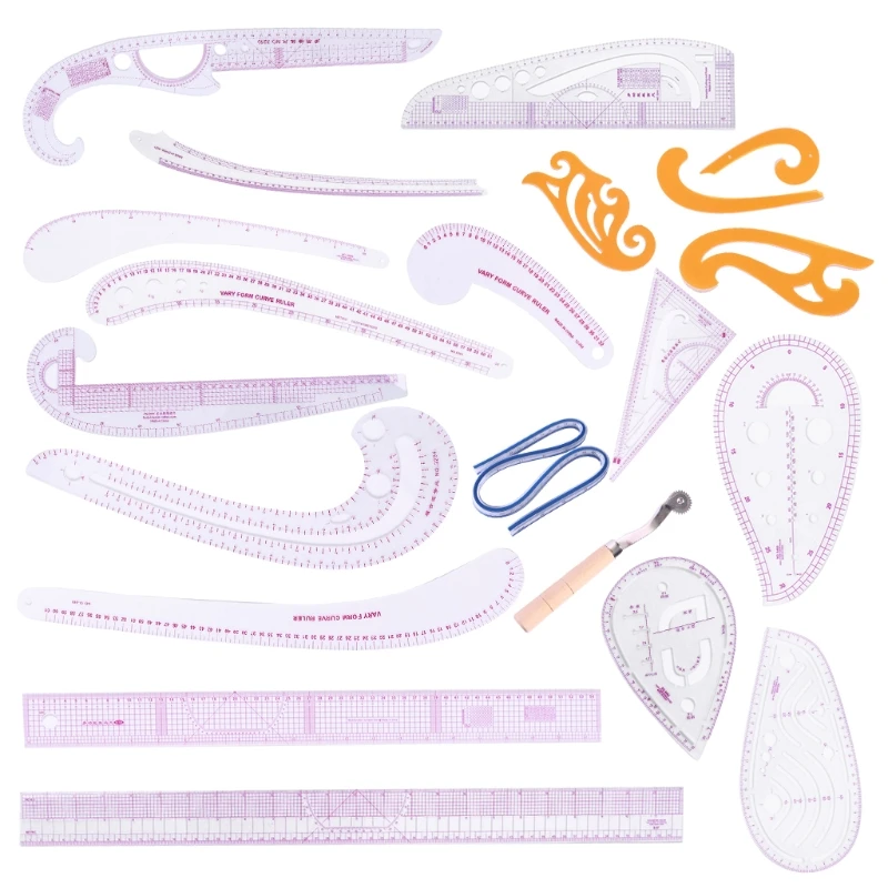 

21pcs/set Tailor Measuring Sewing Drawing Ruler Kit Yardstick French Curve Cutting Cloud Grading Template Patchwork Tool-S001