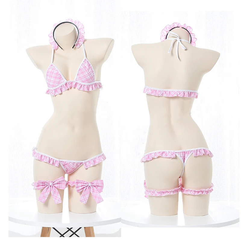 

Милая девушка Горничная Косплей бюстгальтер комплект Аниме Бикини Униформа Лолита клетчатый лотос лист нижнее белье сексуальное женское П...