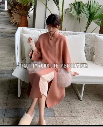 

Autumn winter stylish Real Lamb fur Big pockets sewing coat single-breasted long woolen trench coats
