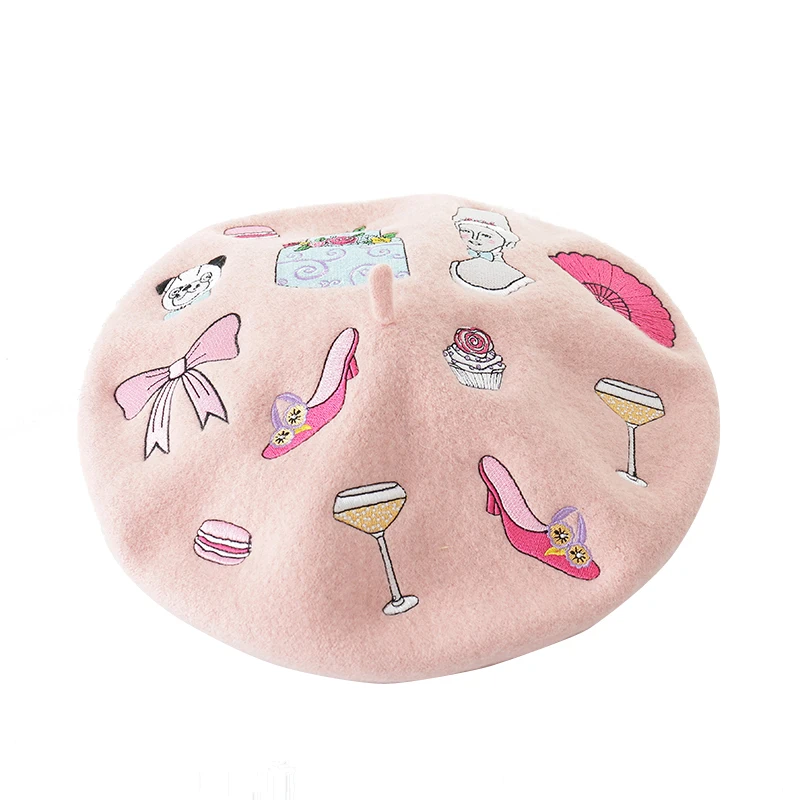 

COKK 100% Wool Beret Handmade Embroidered Women Hat Autumn Winter Warm Hats For Women Lady Painter Cap Vintage Bonnet Pink Beret