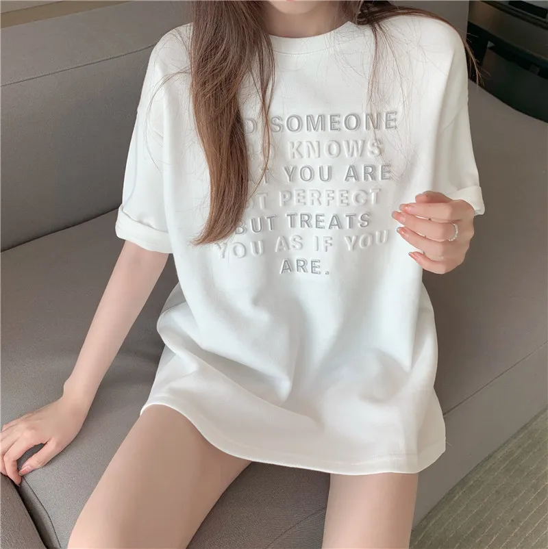 

Summer Loose Harajuku Women's T-shirt Plain Top 3D Letter Patchwork Short Sleeve Pullover Charming Personality Streetwear S-2XL