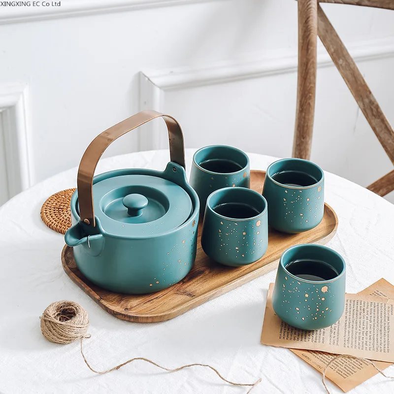 

Dark Green Matte Tea Set 1200ml Coffee Pot 250ml Ceramic Cup Household Large-capacity Cold Kettle Wooden Tray Six-piece Set