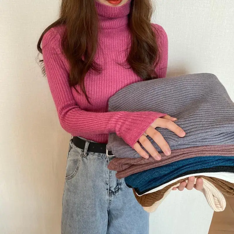 

Women 2021 Autumn Winter New Fashion Turtleneck Sweater Tops Female Solid Color Knitted Tops Ladies Slim Bottoming Tops W644