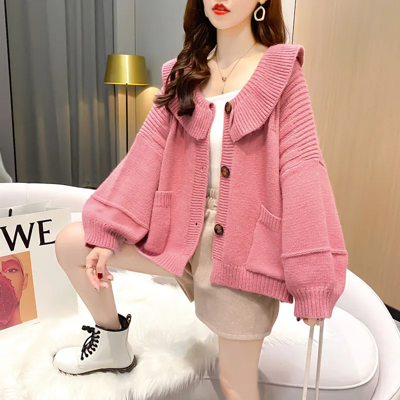 

Autumn Korean Doll Neck Sweater Women Loose Outwear Knitted Top Long Sleeved Wool Cardigan Coat