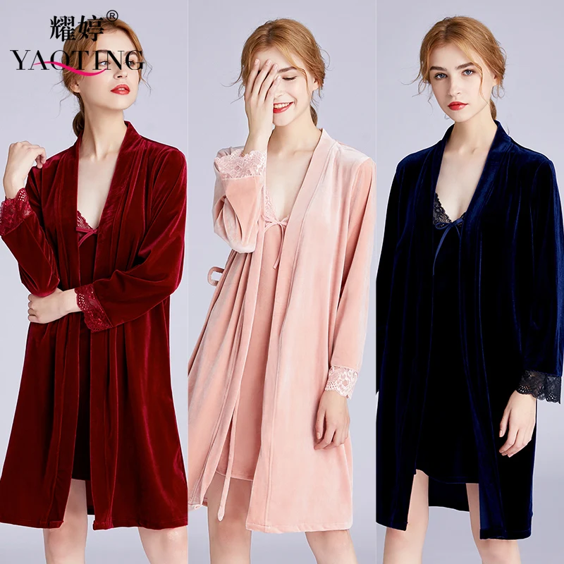 

Velvety pajama for women sexy lace autumn comfortable and winter gown with halter two sets of home wear