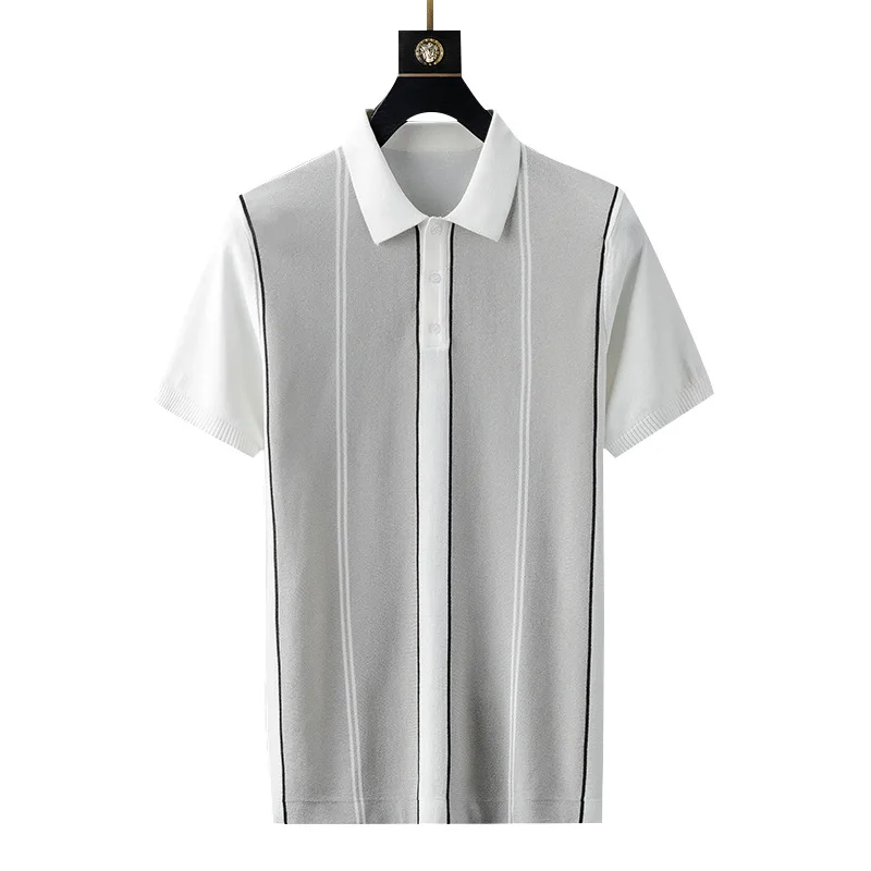 

Light luxury knitted short sleeve t-shirt men's Polo 2021 new ice silk shirt men's top Lapel color matching
