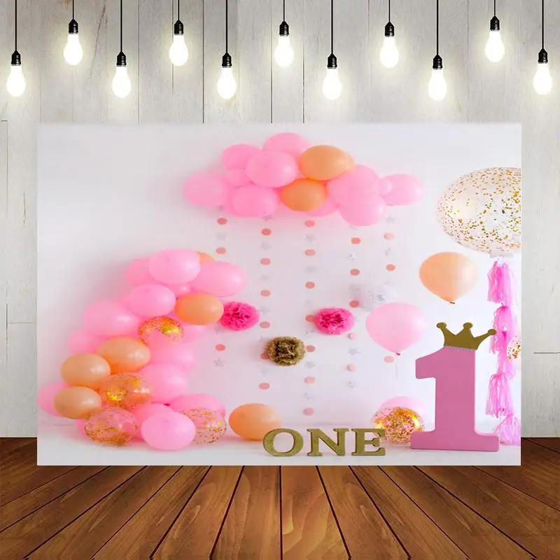Pink Balloon Gold Crown One Year Old Baby Birthday White Background Party Scene Decoration Studio Photography Photo Cloth