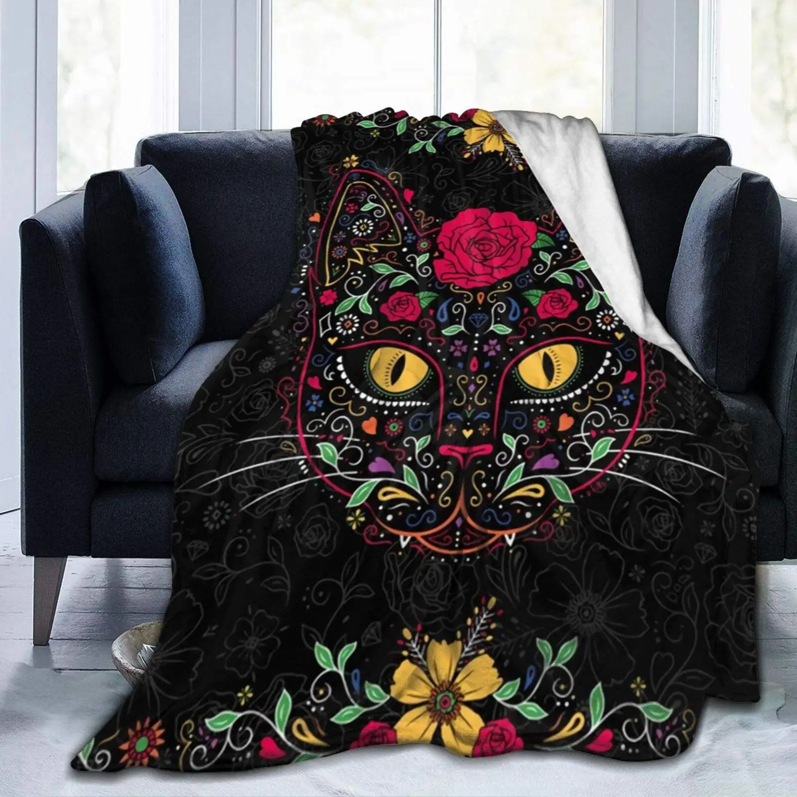 

Персонализированное плюшевое одеяло с изображением Дня мертвых кошек и черепов