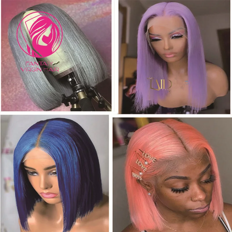 

Virgin Human Hair Lace Front Wig Short Straight Bob Frontal Women Wigs Grey Blonde 613 Part Laced Wig Blue 13x1 150% Glueless