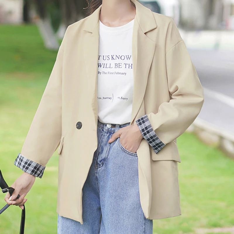 

Casual Women Blazer 2020 Ladies Office Turn Down Collar Coats Harajuku Female Single Buttons Plaid Long Sleeve Suit Outwear