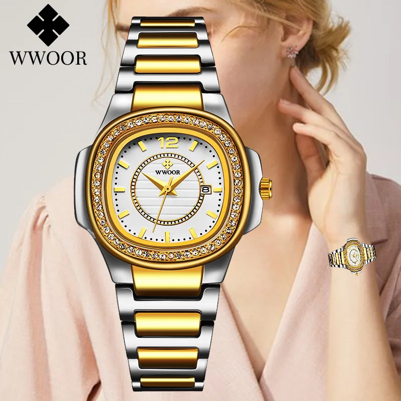 Женские золотистые модные квадратные часы montre femme 2021 WWOOR роскошные Брендовые