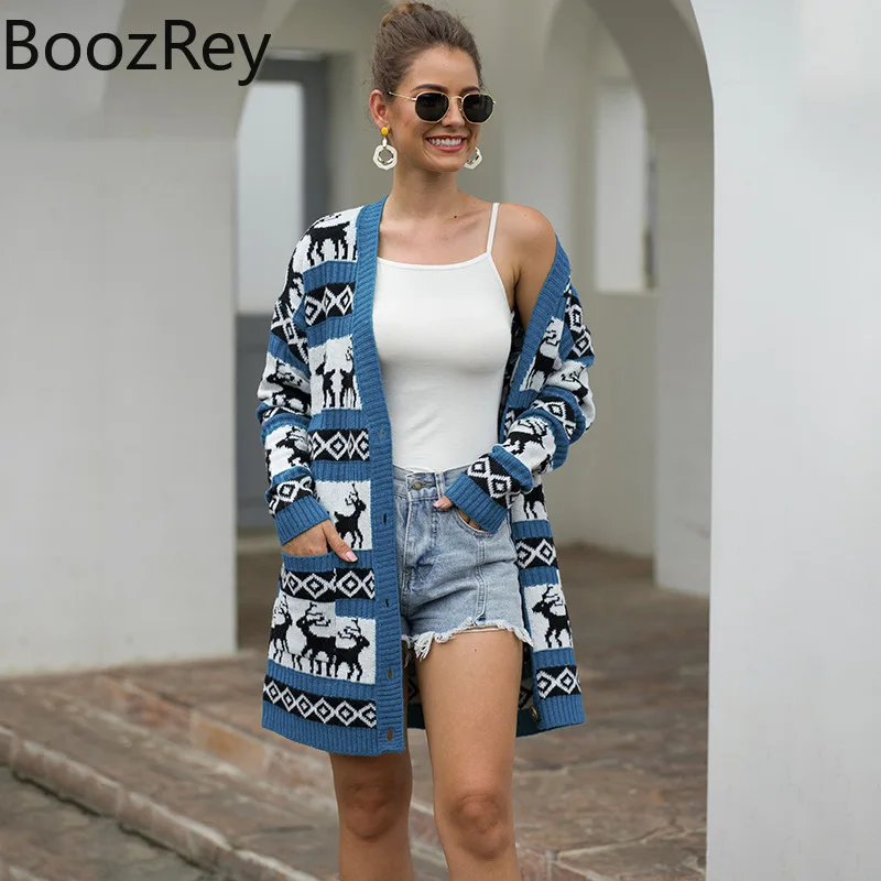 

BoozRey Women Christmas Knitwear Christmas Fawn Printed Casual Cardigan Sweater Korean Fashion Jacket Fall Clothes for Women