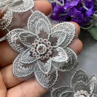 10x gray lace trim ribbon pearl beaded polyester 3d leaf flower fabric handmade embroidered knitting patches sewing craft 5 7cm