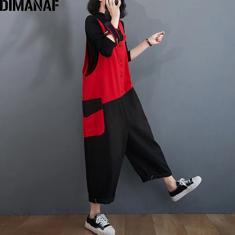 DIMANAF Plus Size Women Jumpsuits Overalls Jeans Long Pants Trousers Autumn Winter Streetwear Clothing Loose Casual Spliced Red