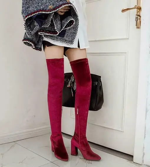 

Women's Suede Over The Knee Boots Thigh High Stretch Pointy Toe Block Heel Chic