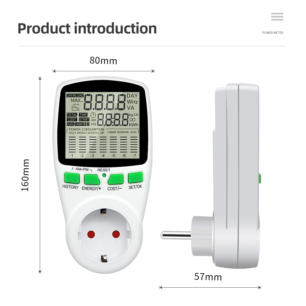 EU Plug Power Meter Digital Wattmeter Socket AC 220V Energy LCD Disply Electricity Cost Diagram Measuring Analyzer | Инструменты