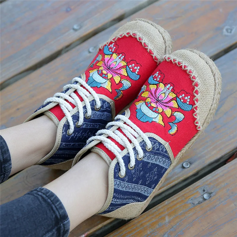 Spring Autumn Women Shoes High Top Canvas Shoes Female Flats Embroidered Footwear Ankle Boots National Style Weaving Casual Shoe