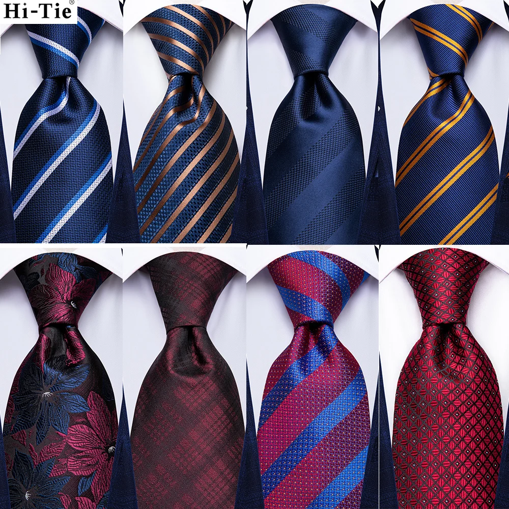 

Hi-Tie Mens Necktie Navy Blue Gold Striped Silk 8.5cm Wedding Tie For Men New Fashion Design Hanky Cufflinks Set Quality Necktie