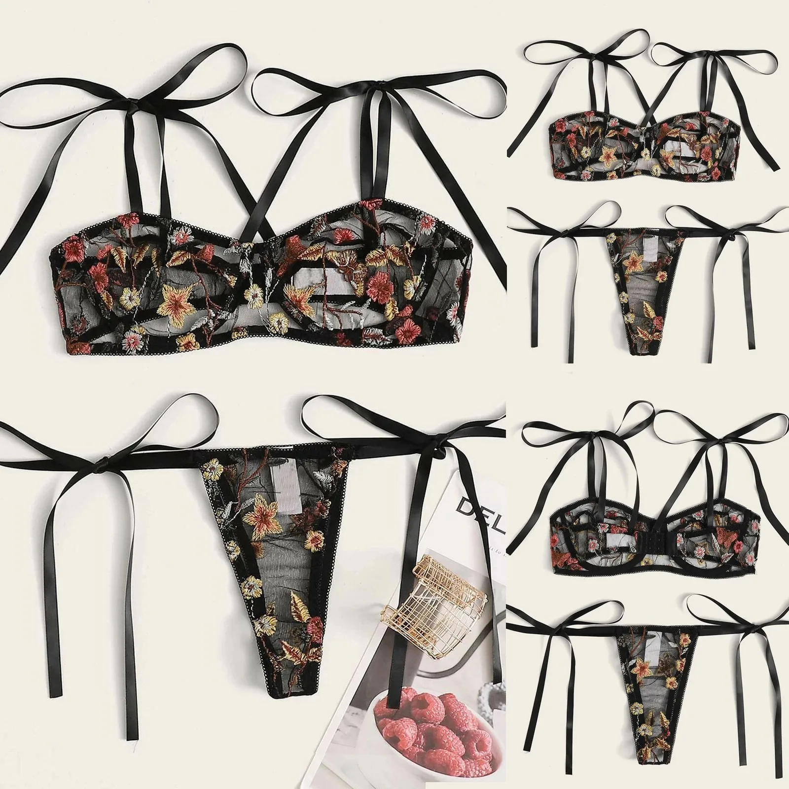 

Для женщин сексуальный комплект нижнего белья с аппликацией в виде цветка, с вышивкой Сталь округлый бюстгальтер стринги костюм Женская од...