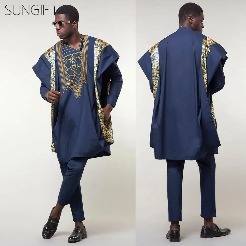 SUNGIFT Мужская традиционная одежда в африканском стиле с принтом Agbada Топ dashiki рубашки и брюки Boubous Slim Fit наряды 3 шт.(M-6XL