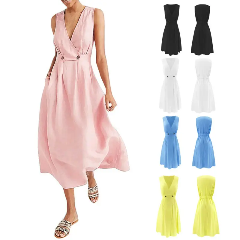 Для женщин однотонные короткое платье Дамский сарафан без рукавов пляж вечерние