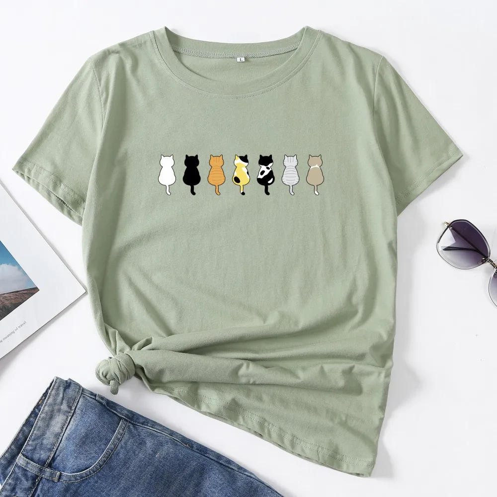 

Cute Cats Pet Print Animal Lovers Graphic Tee Summer Women Crew Neck Short Sleeve Cotton T-Shirt Female Tops Harajuku Shirt