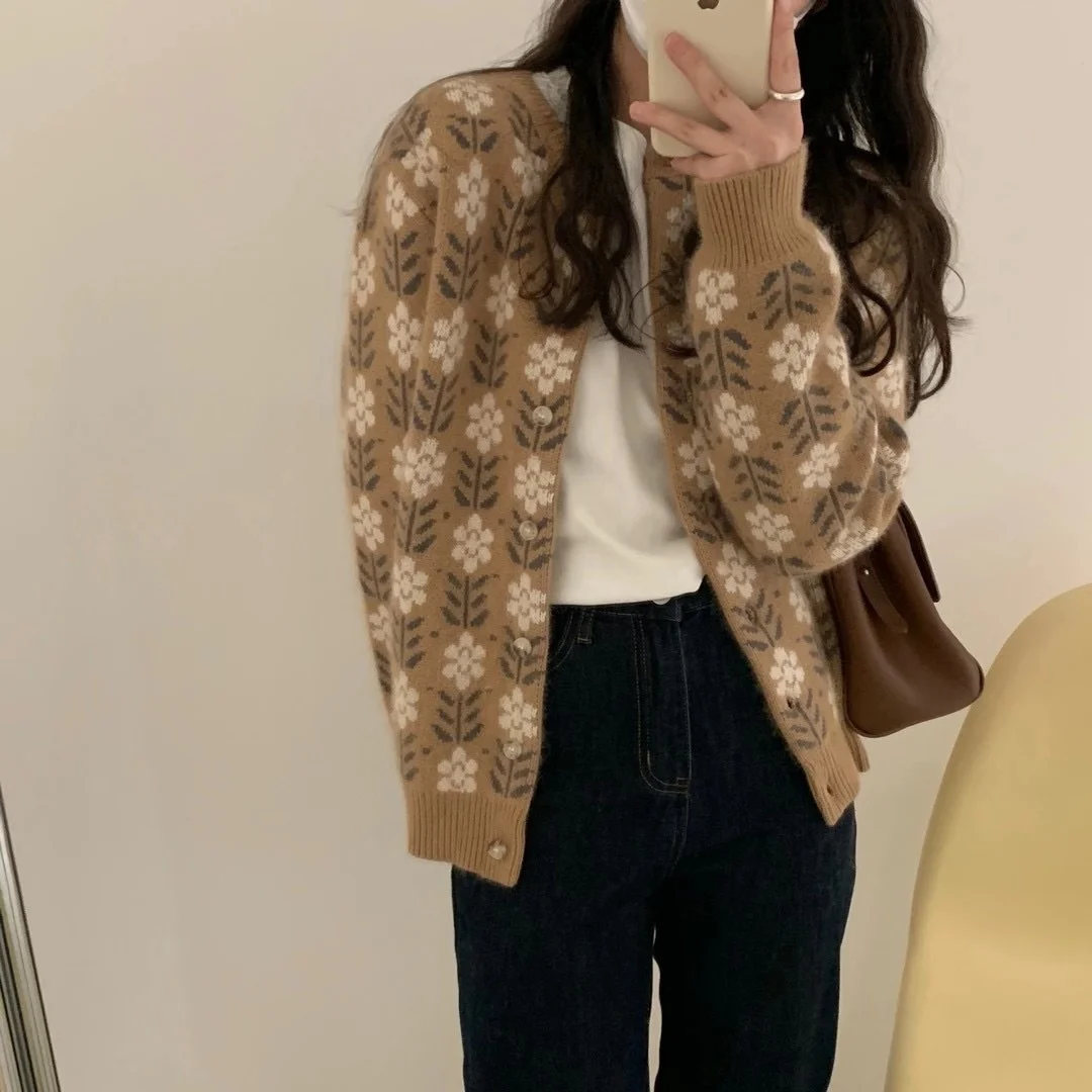Женский однобортный свитер с принтом свободный облегающий норковый Кардиган