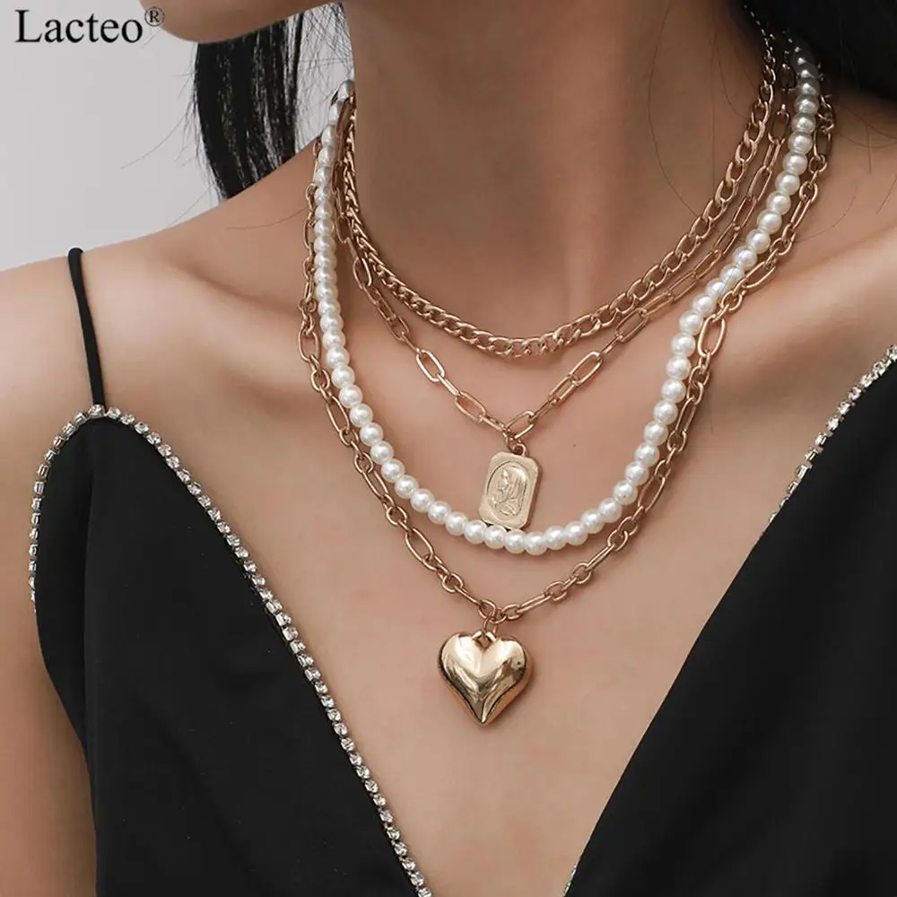 

Lacteo Trendy Gold/Silver Color Love Heart Pendant Necklace for Women Vintage Metal Multilayer Collar Chain Necklace Jewelry New