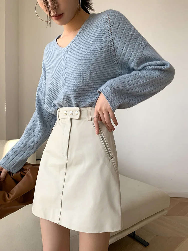 Новинка Весна 2021 черно-белая юбка А-силуэта из овечьей кожи с косыми карманами