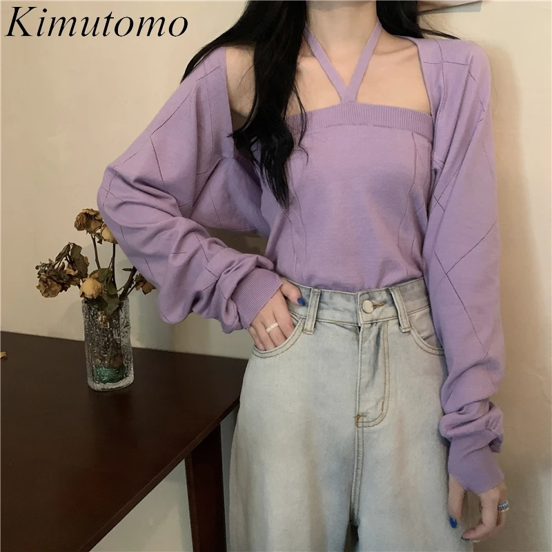 

Kimutomo Casual Two Piece Set Women 2021 New Autumn Knitwear Long Sleeve Shawl Cardigan and Halter Solid Short Sling Casual Suit