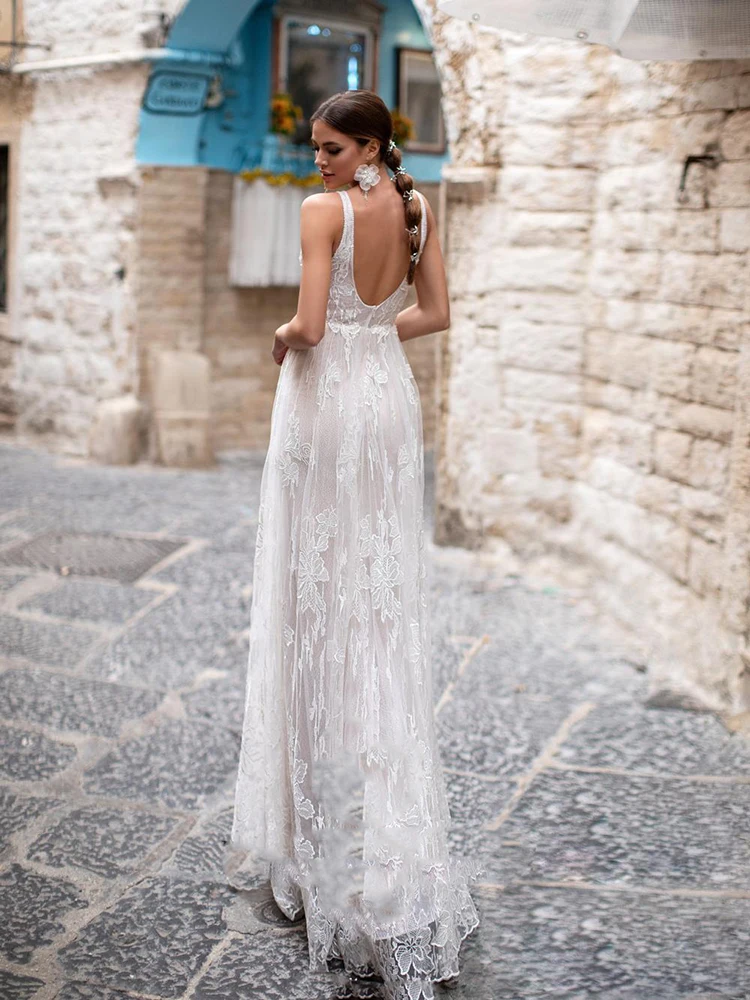 

YILIBER Lace wedding dress v-neck sleeveless simple bridal dresses retro backless embroidery applique lace tailing