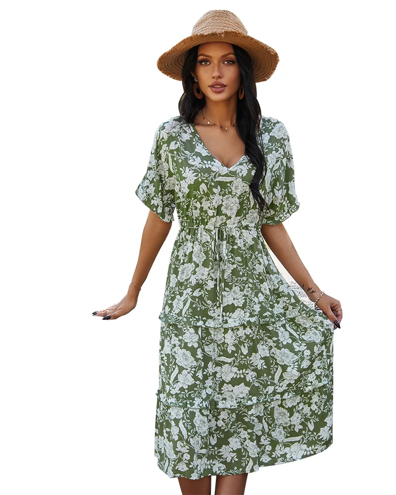 

Print Floral Short Sleeve Summer Long Dress 2021 Party Women's Dresses Women Casual Sexy Lace Up V Neck Robe Vestido De Mujer