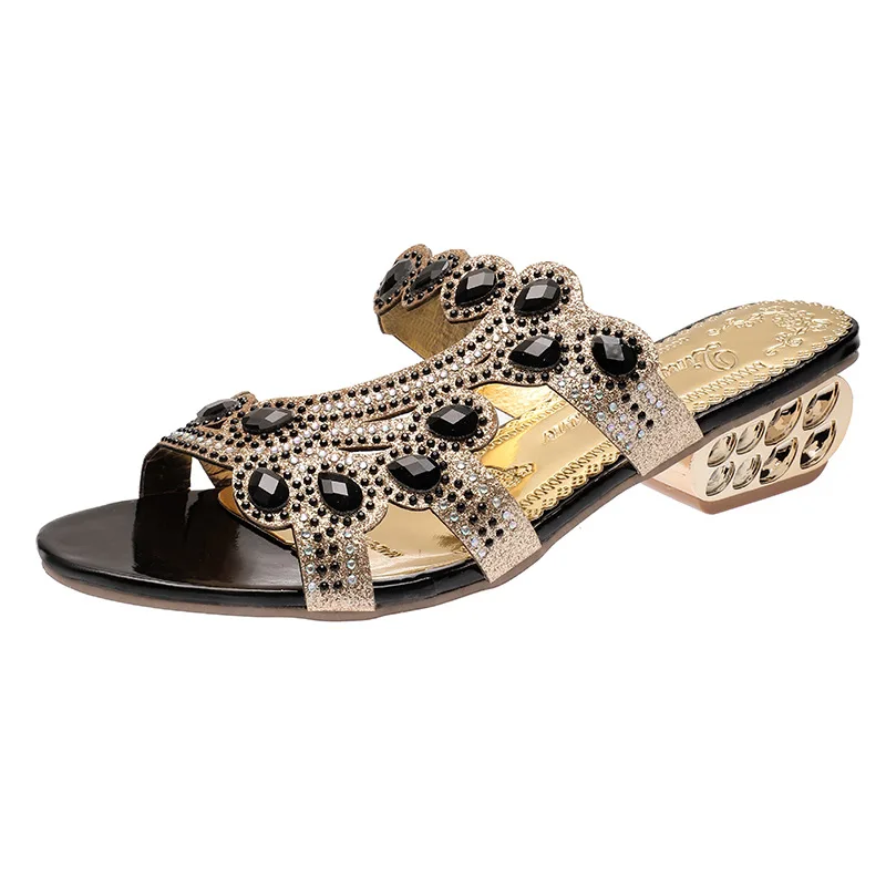 

Female Shoes Square heel Low Ladies' Slippers Glitter Slides Multicolored Sandals Fashion Rubber Flip Flops Big Size 2021 Block