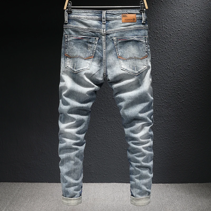 European Vintage Fashion Men Jeans Retro Light Gray Blue Elastic Slim Fit Ripped Jeans Men Korean Designer Casual Denim Pants
