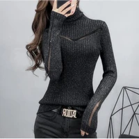 3801 turtleneck thin knitted tops split joint mesh hollow out knitwear pullover women elastic sweaters ladies knitwear spring