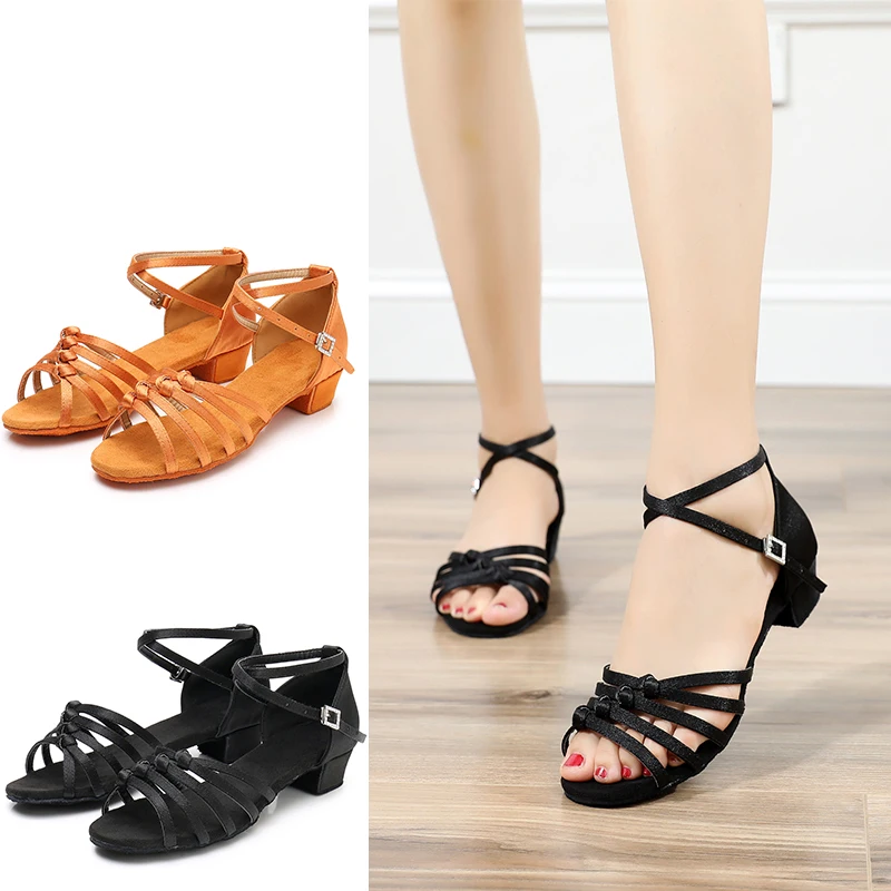

New Latin Dance Shoes High Quality Arrival Wholesale Girls Children/Kids Ballroom Tango Low Heels Knotted drill buckle