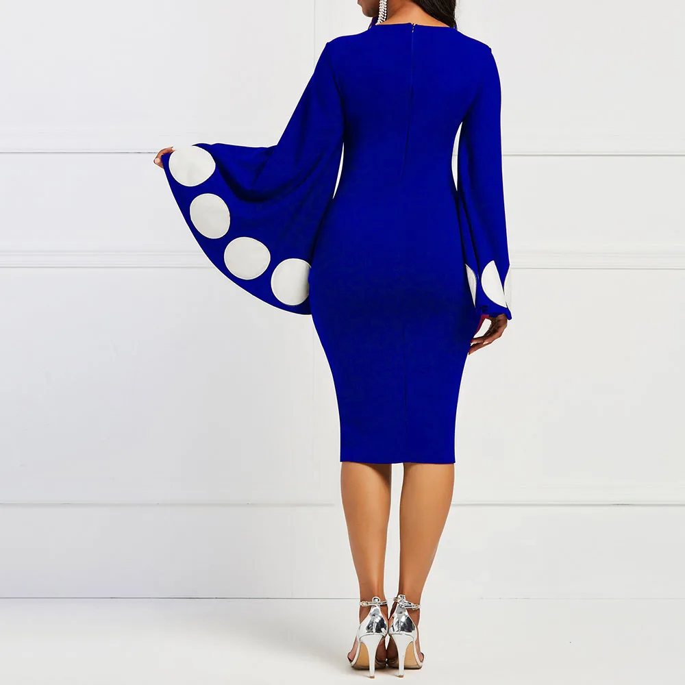 Slim OL Бизнес офисное официальное платье с длинными расклешенными рукавами зимнее