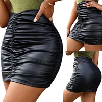 womens mini pencil skirt sexy high waist faux leather solid color ruched bodycon skirt
