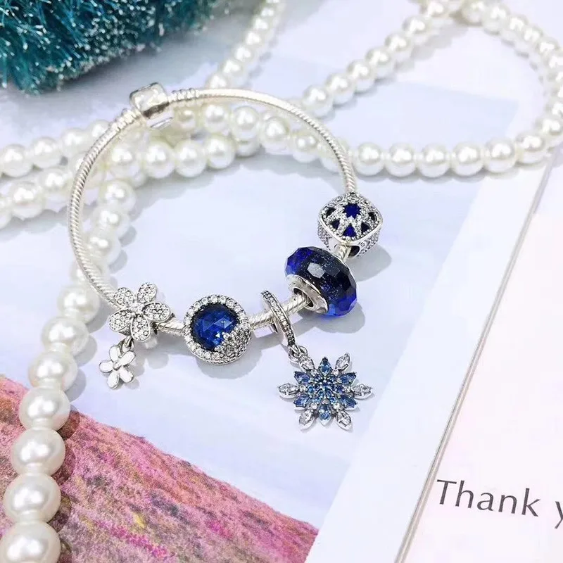

100% 925 Sterling Silver Fashion Blue Cat's Eye Beads And Snow Pendant Set Pan Bracelet For Women Wedding Party Fashion Jewelry