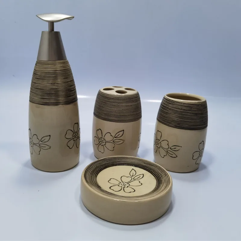 

Four-piece ceramic bathroom wash set two-color simple toothbrush holder mouthwash cup bathroom set utensils soap holder set