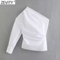 new women fashion one shoulder asymmetrical pleated shirt female skew collar slim white poplin blouse roupas chemise tops ls9202