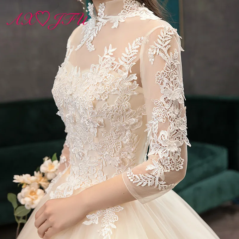 

AXJFU princess champagne flower lace wedding dress party vintage high neck illusion beading crystal sparkly white wedding dress