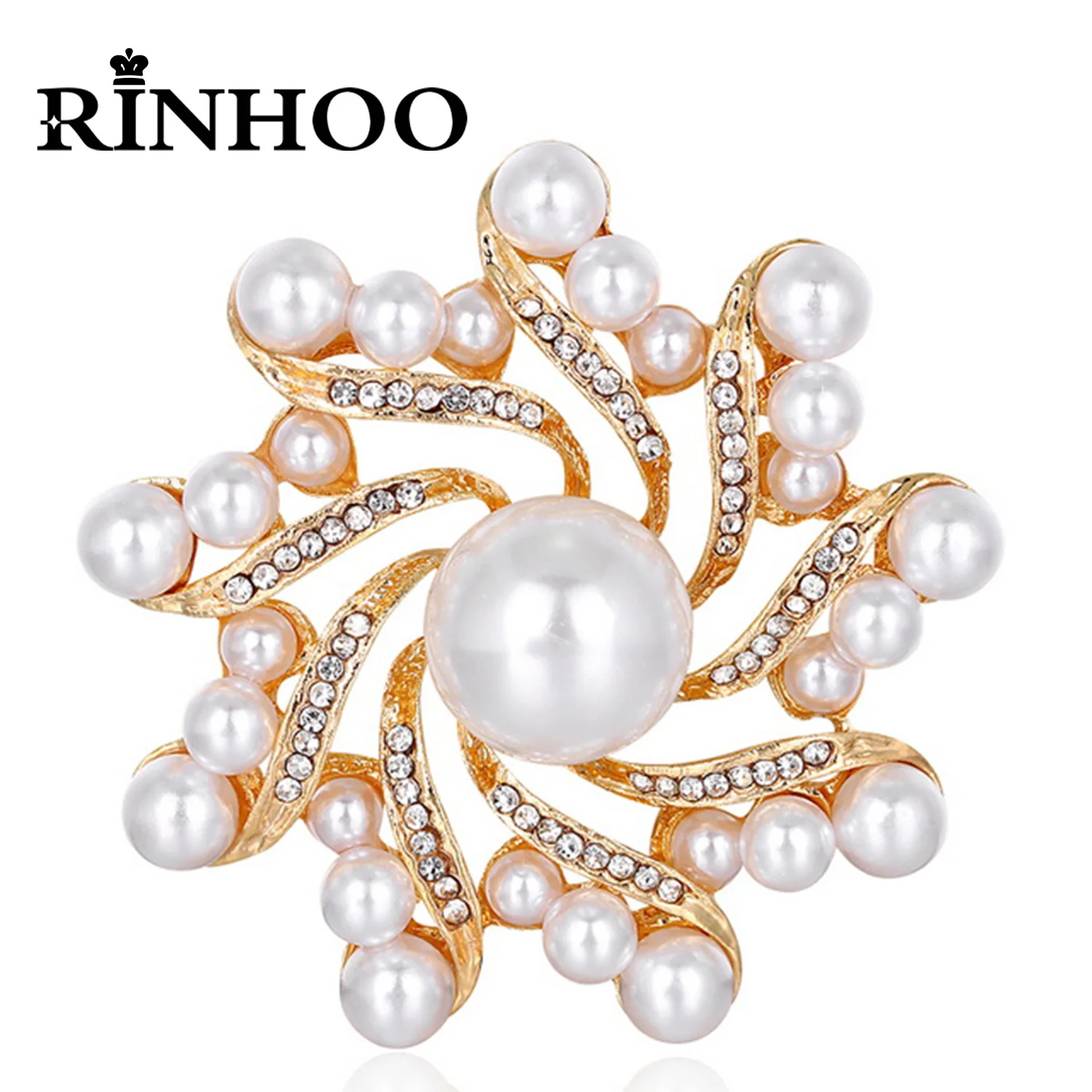 

Rinhoo Geometric Spin Round Flower Fashion Jewelry Vintage Brooch Pins Crystals Imitation Pearl Flower Badge Wedding Accessories