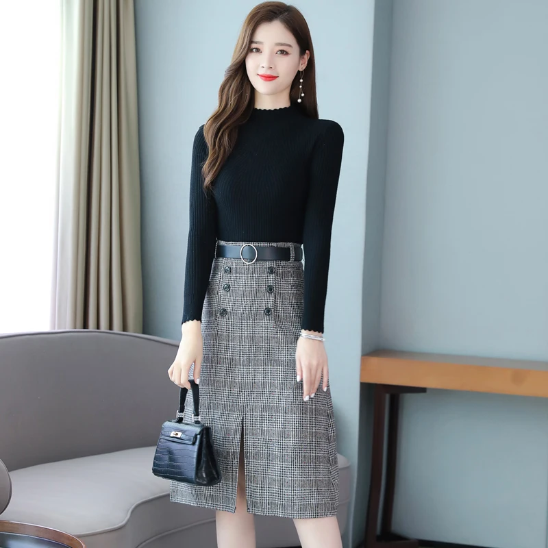 Клетчатое шерстяное вязаное платье на пуговицах для женщин сезон осень-зима