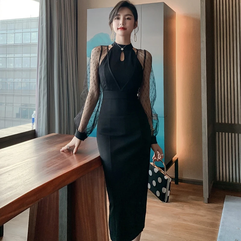 2020 для женщин в винтажном стиле Сезон осень платье до середины икры с длинным