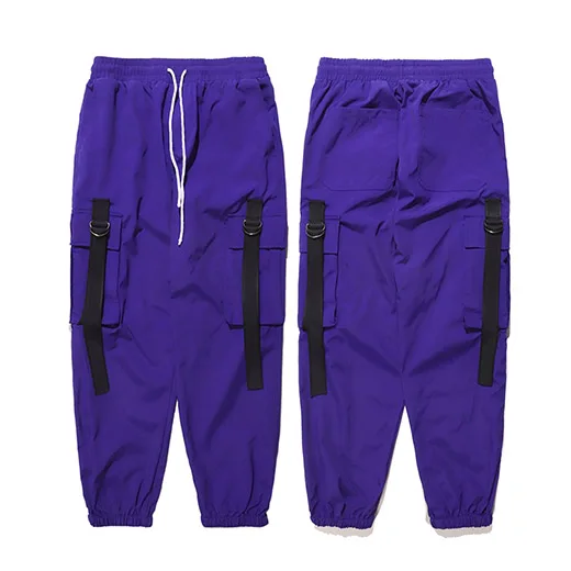 A98828 Purple Брюки в стиле Харадзюку для бега, мужские хип-хоп брюки-карго, с карманами, с лентами, спортивные штаны, уличная одежда, весна-лето, спортивные брюки, хипстер - Цвет: A98828 Purple