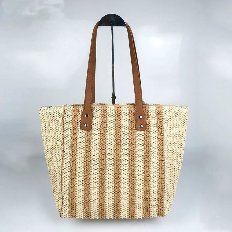

New Paper Rope Striped Female Shoulder Bag Luxury Designer Fashion Woven Handbags High Capacity Summer Straw Beach Women's Bag