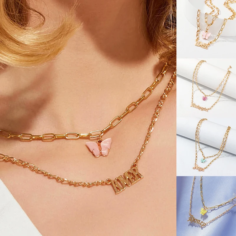 Модное акриловое ожерелье бабочка Женская милая подвеска цепочка до ключиц